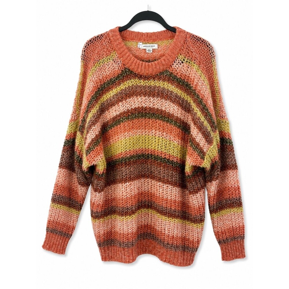 American Eagle Oversized Open Knit Striped Slouchy Pullover Sweater Small Cozy